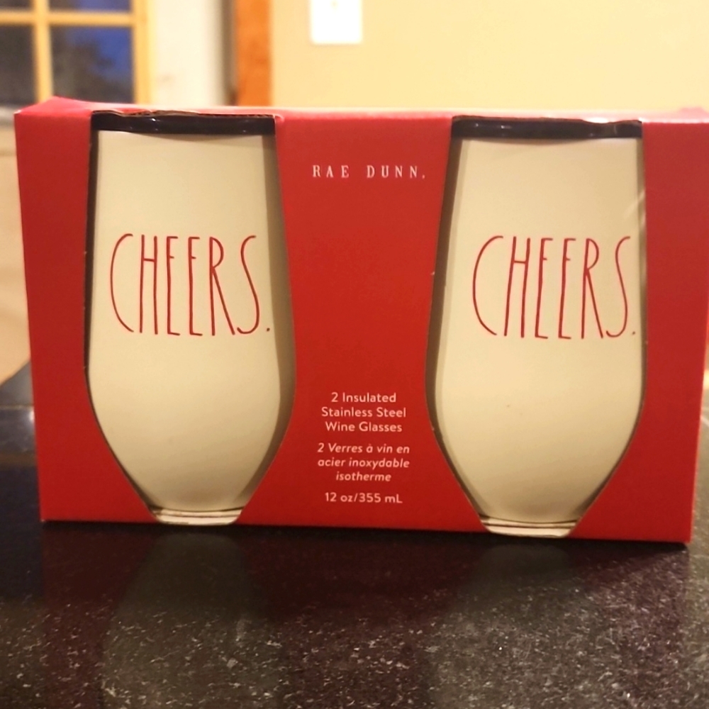 NIB Set of 2 Rae Dunn Insulated Stainless Steel Wine Glasses 12 oz. Cheers